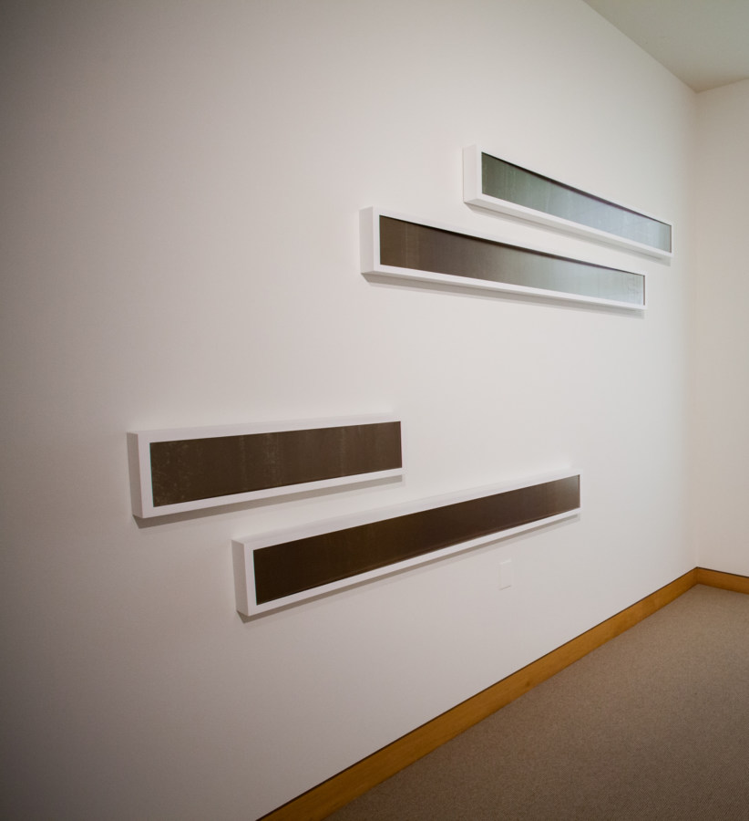Color image of two pairs of silver photograms on white gallery wall
