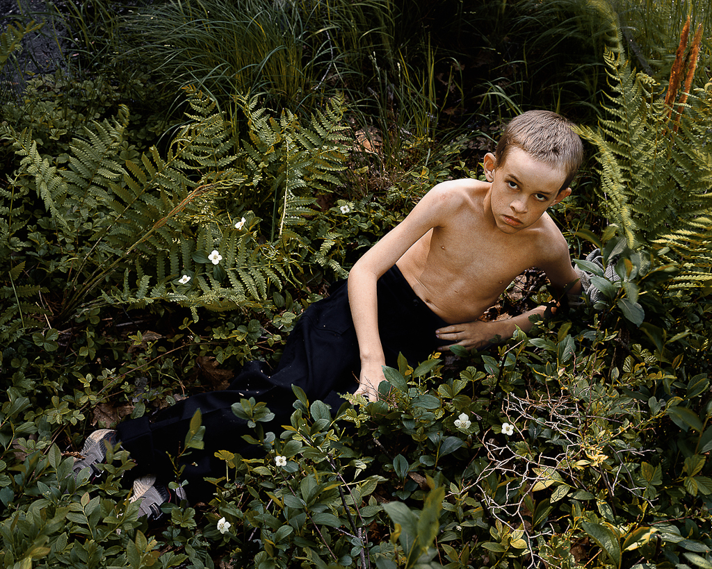Color photograph of a shirtless boy propped up on his elbow in a patch of ferns