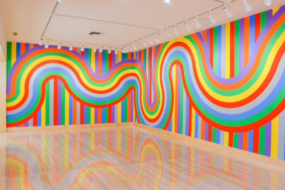 Wall Drawing #1136, 2004, straight and not-straight color bands;
primary and secondary colors plus gray