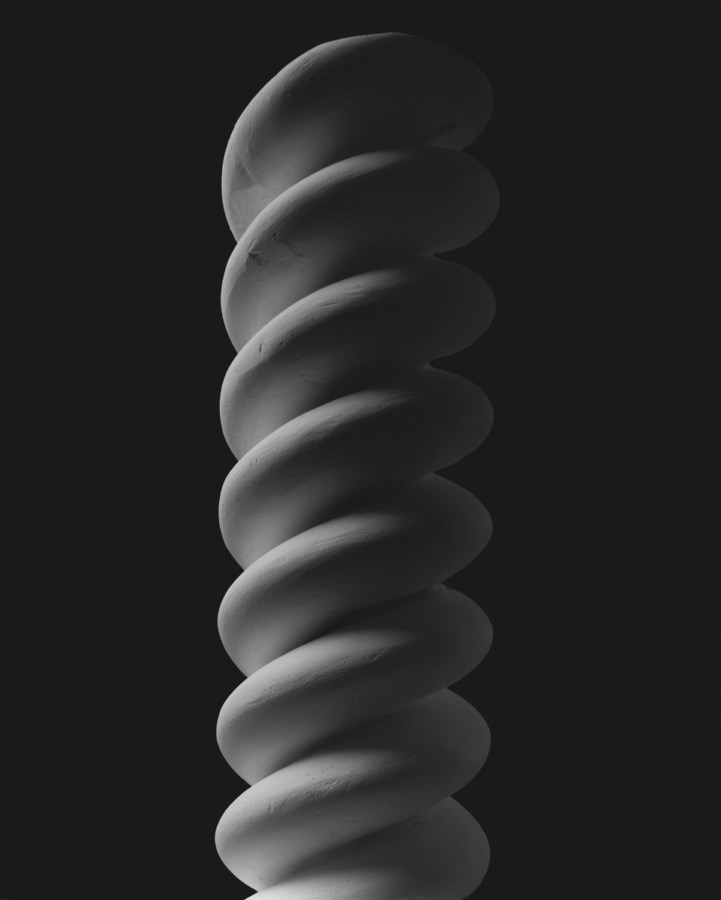 Black-and-white photograph of a helical twist of two touching strands