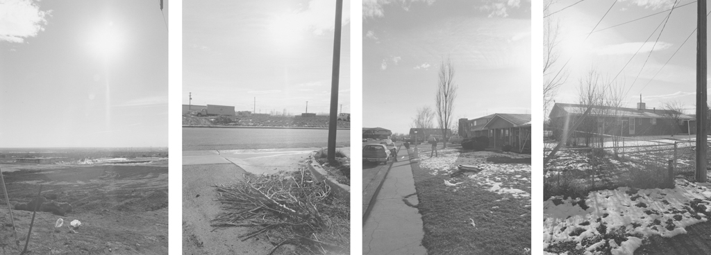 Four vertical black-and-white photographs showing an open field, a downed tree branch and telephone pole, a person standing in front of suburban home, and a structure with light snow and a brightly lit sky.