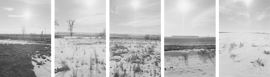 Five black-and-white photographs depicting an open field with light snow and a brightly lit sky.