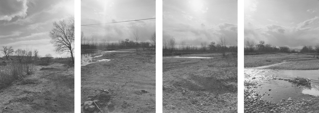 Four black-and-white photographs with a stream, trees, and a brightly lit sky with clouds.