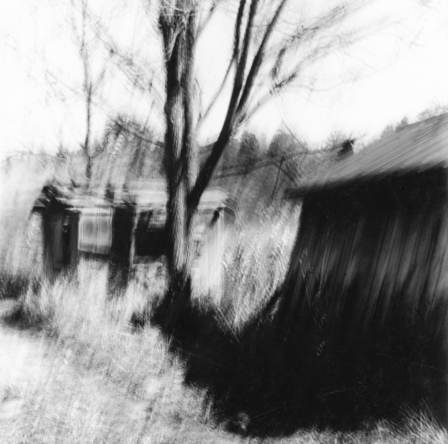 Black-and-white multiple-exposure photograph of a bare tree between two collapsing wooden sheds