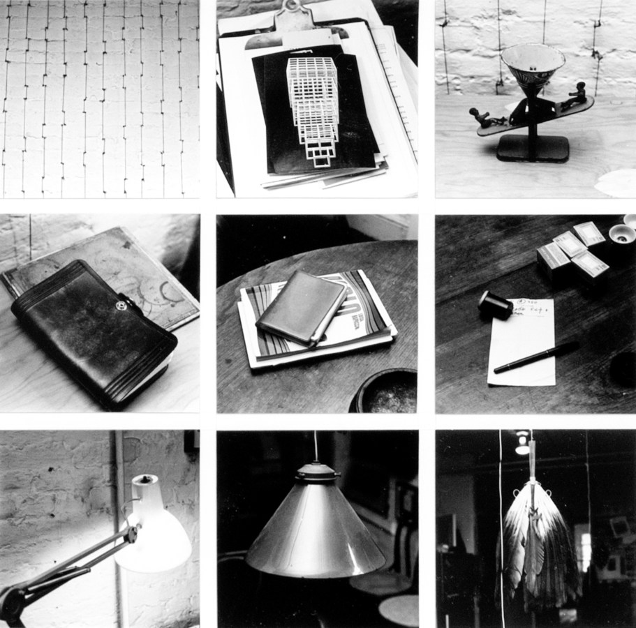 Black and white grid of nine photographs of various items found on desks such as lamps and notebooks