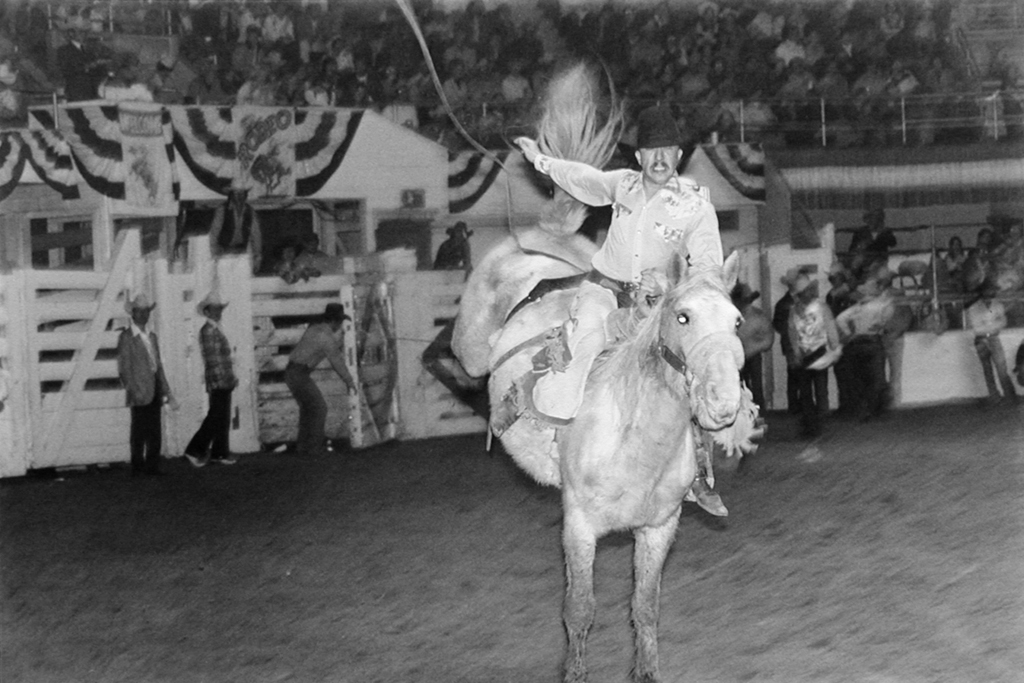Black-and-white frontal view of a cowboy on a bucking horse