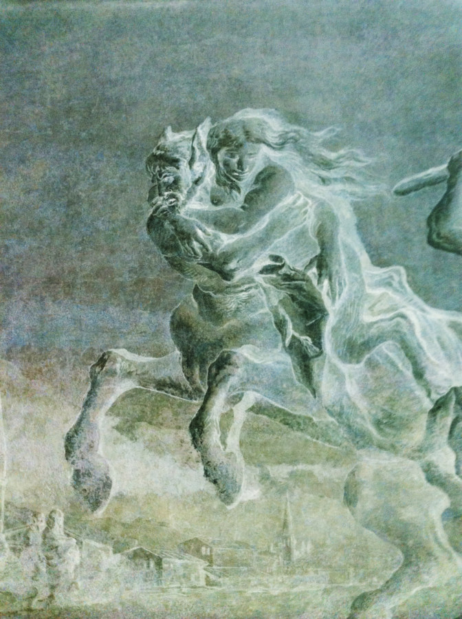Inverted color photograph of a low-relief sculpture of a woman riding a centaur
