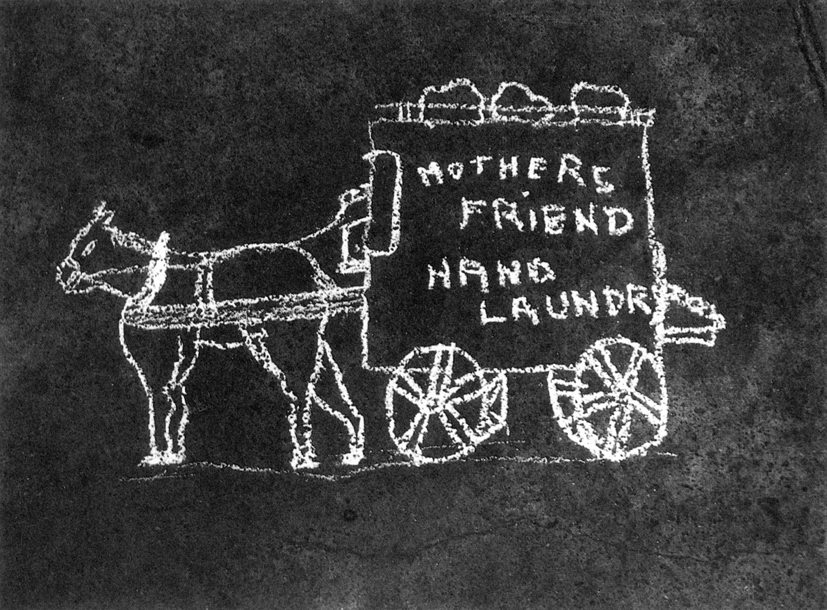 Black and white photograph of a chalk drawing of a horse drawn cart reading MOTHERS FRIEND HAND LAUNDRY