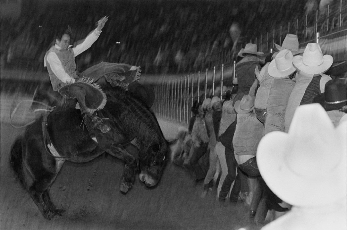 Black-and-white photograph of a cowboy on a bucking horse next to a crowd of people in cowboy hats climbing out of the arena