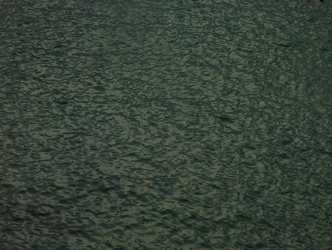 Color photograph of ripples and waves on the dark green surface of a sea