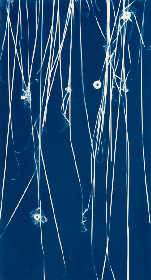 Vertical image of white strands of cassette tape stretching downward in a field of deep blue