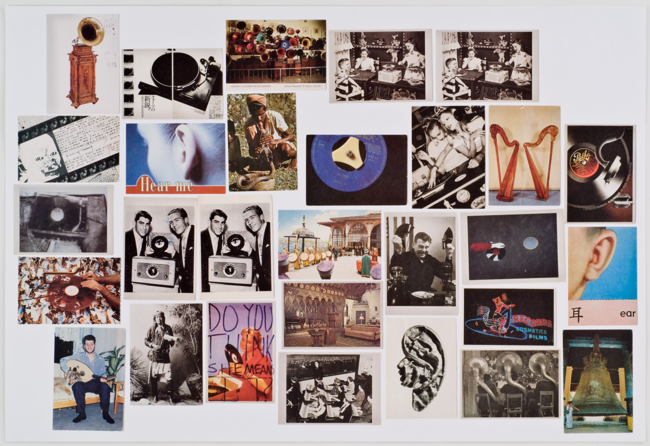 A mosaic grid of color and black-and-white images of various things including ears, music players, and instruments