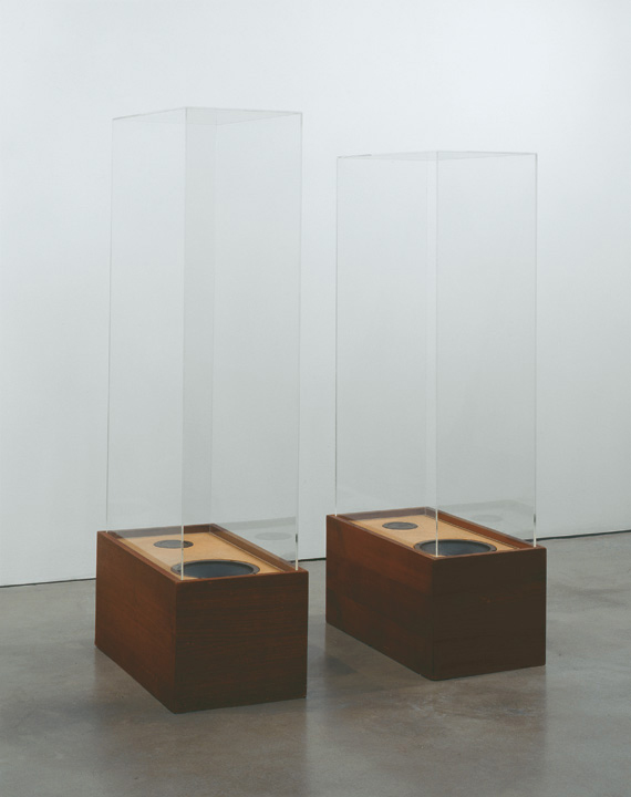 Two speakers lying flat on the ground with tall rectangular glass coverings over each one