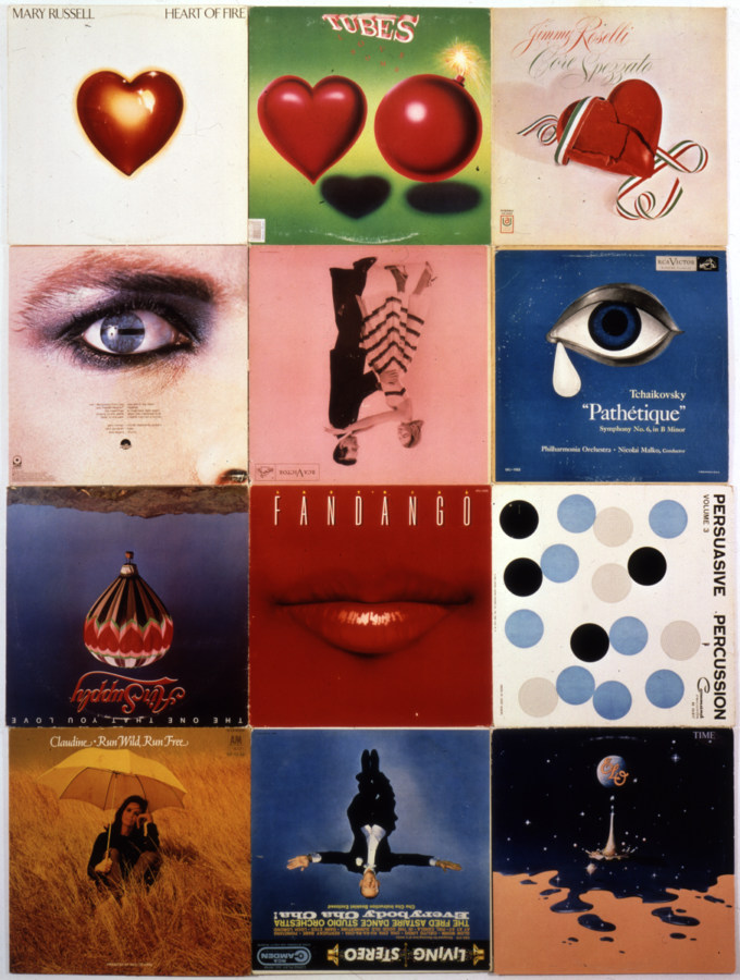 A three-by-four vertical grid of record covers of various illustrations including hearts and faces