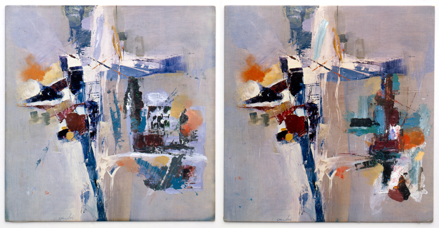 Two nearly identical square paintings of abstract strokes of color on a blue-gray background