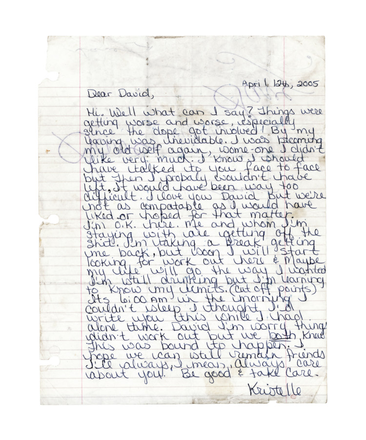 Color photograph of a piece of notebook paper with a letter to David dated 12 April 2005, signed off by Kristelle