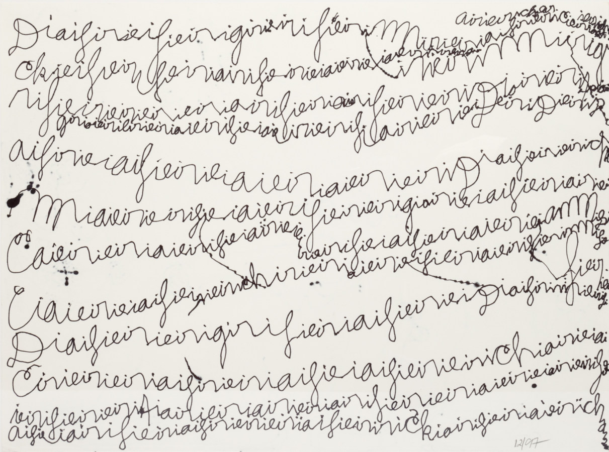Black and white image of a sketch depicting continuous rows of cursive handwriting