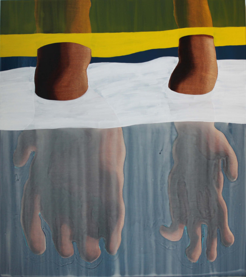 Color image of a painting depicting two hands immersed in water