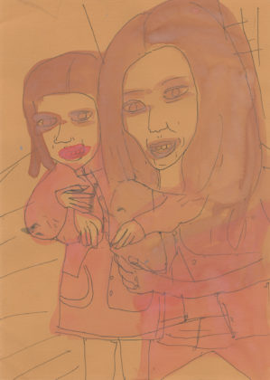 Untitled (Two girls on salmon paper), 2015, ink and watercolor on paper