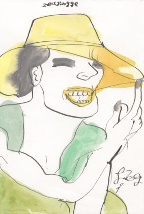 Untitled (Laughing woman with yellow hat), 2015, ink and watercolor on paper