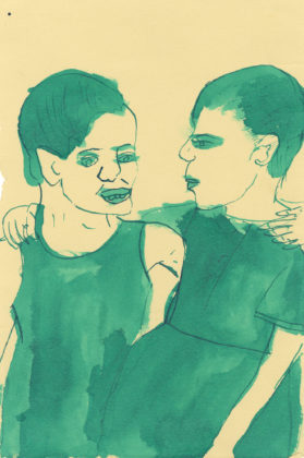 Untitled (Two green girls), 2012, ink and watercolor on paper