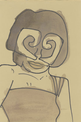 Untitled (Woman with curly mask), 2015, ink and watercolor on paper
