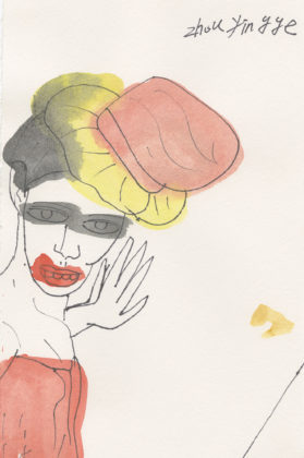 Untitled (Woman with yellow and red hat), 2015, ink and watercolor on paper
