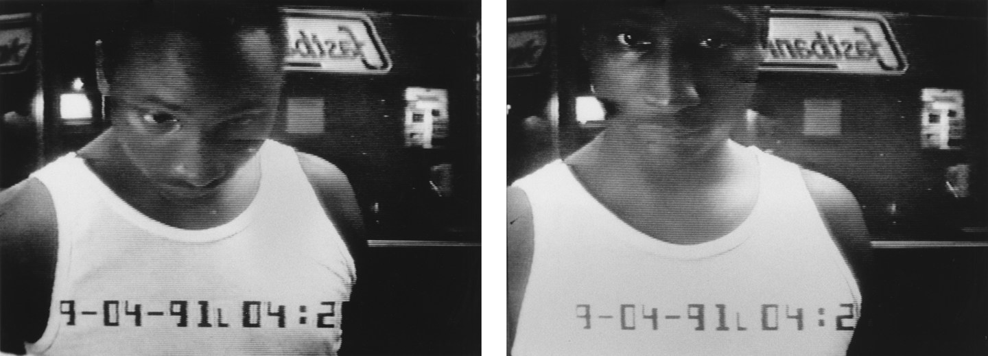 A diptych of black and white photographs of a man in an undershirt at the ATM