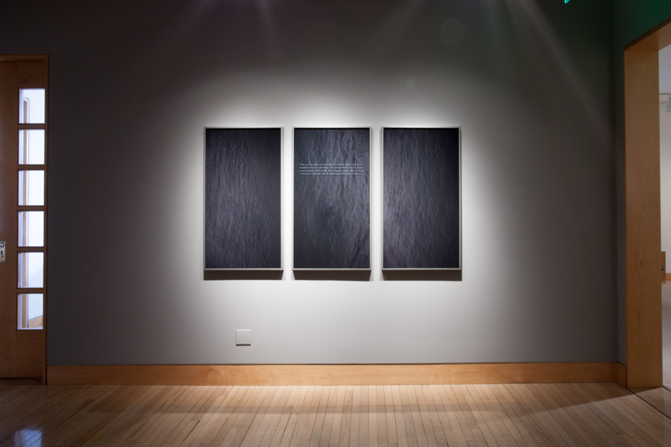 Color image of framed triptych of photographs on a grey gallery wall