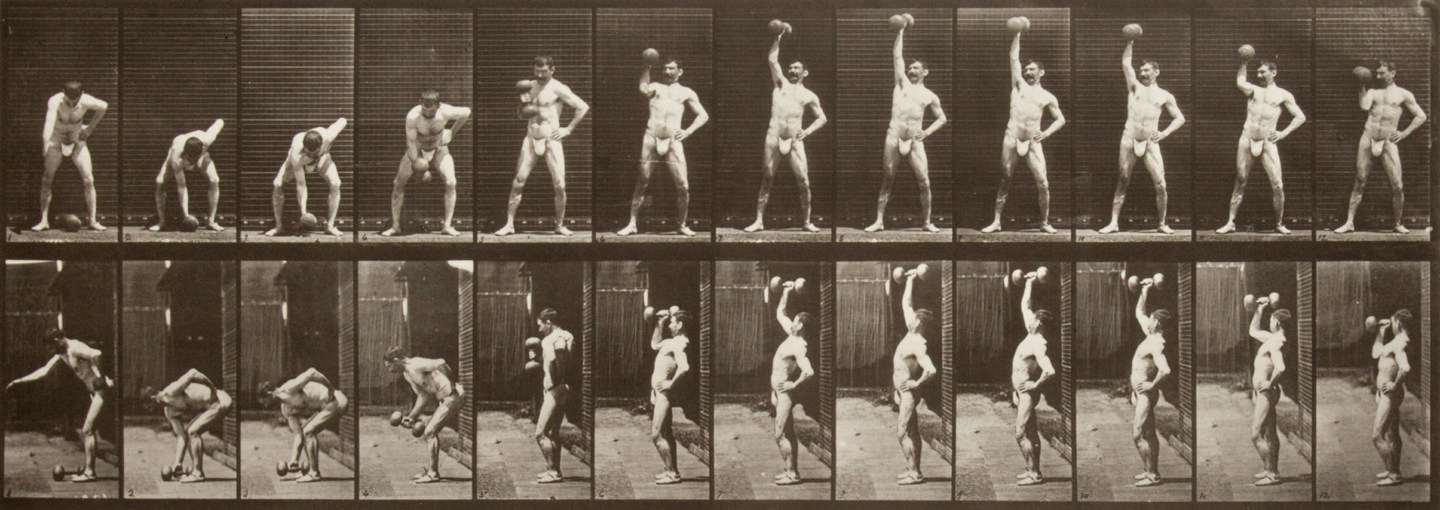 Two rows of small black and white photographs of a nude man lifting a dumbell from the ground and holding it over his head.