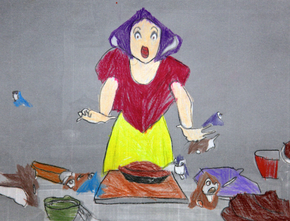 Color still from animation of snow white cooking with animal helpers