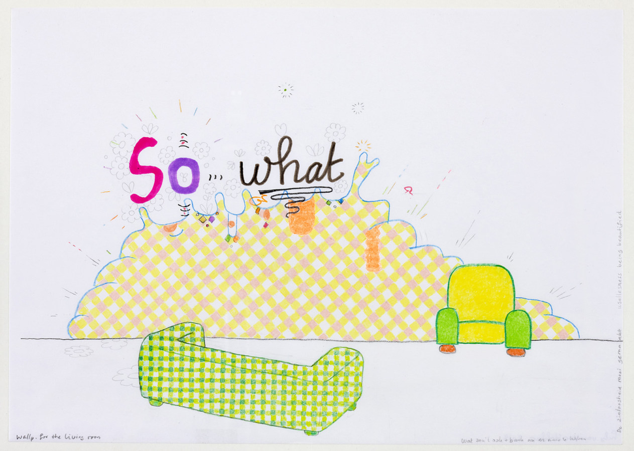 Color image of illustrated work with text 'So what' above a yellow and pink gingham pattern cloud accompanied with two couches