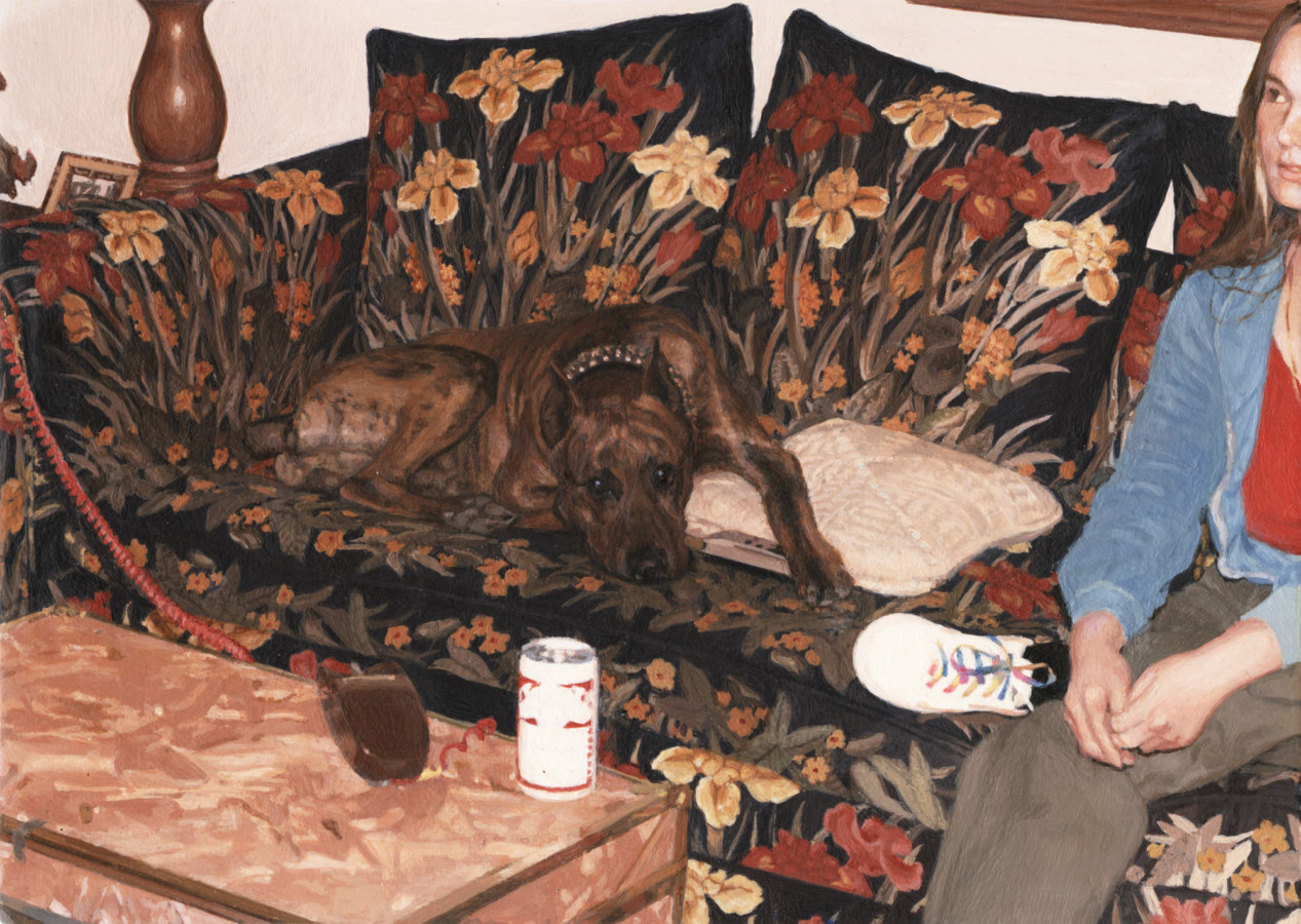 Painting of a dog and a person on a floral print couch