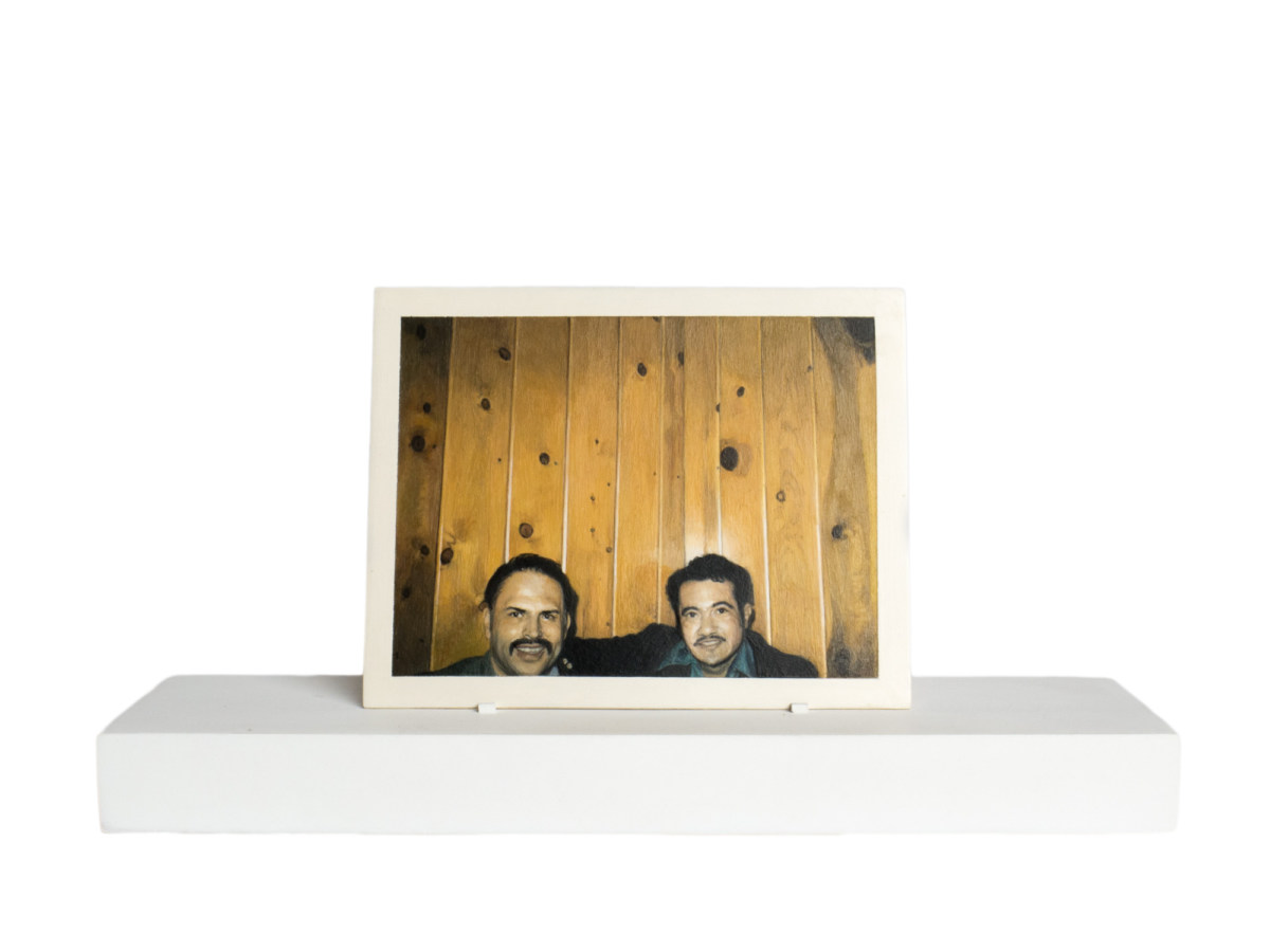 Painting of two men from the neck up in front of a wood paneled wall on a wooden stand