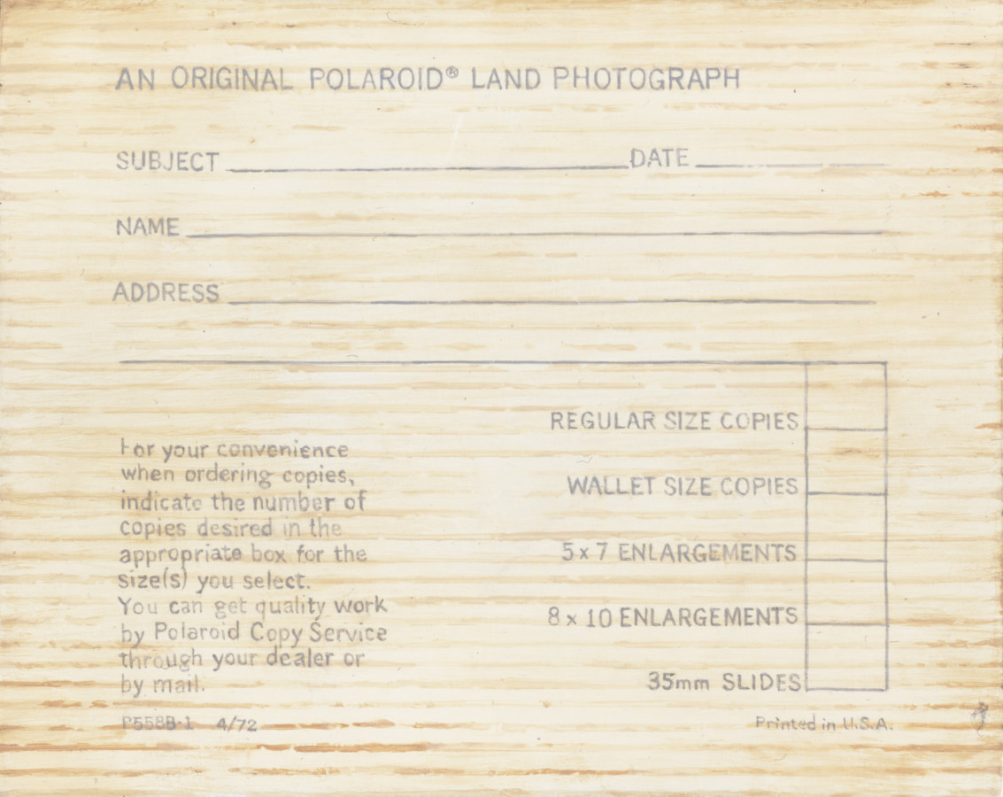 Verso of painting with a Polaroid land camera order form