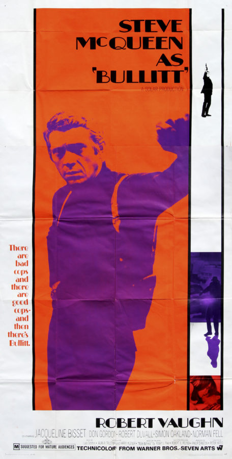 Color poster for Bullitt (1968) depicting actor Steve McQueen in orange and purple