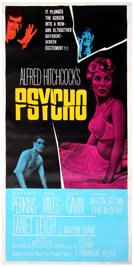 Color movie poster for Psycho (1960) depicting actors in various hues of blue, pink, and red