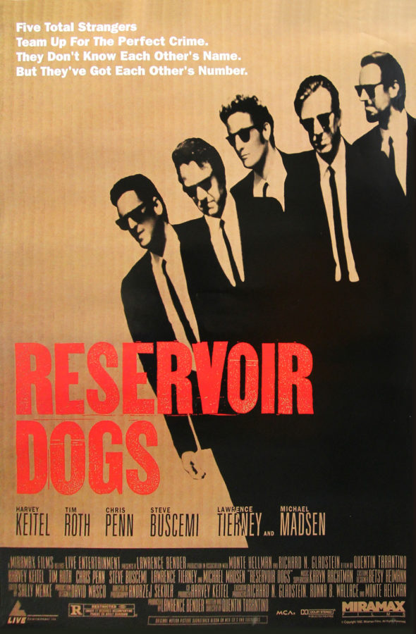Color movie poster for Reservoir Dogs (1992) depicting five men in formal attire and sunglasses