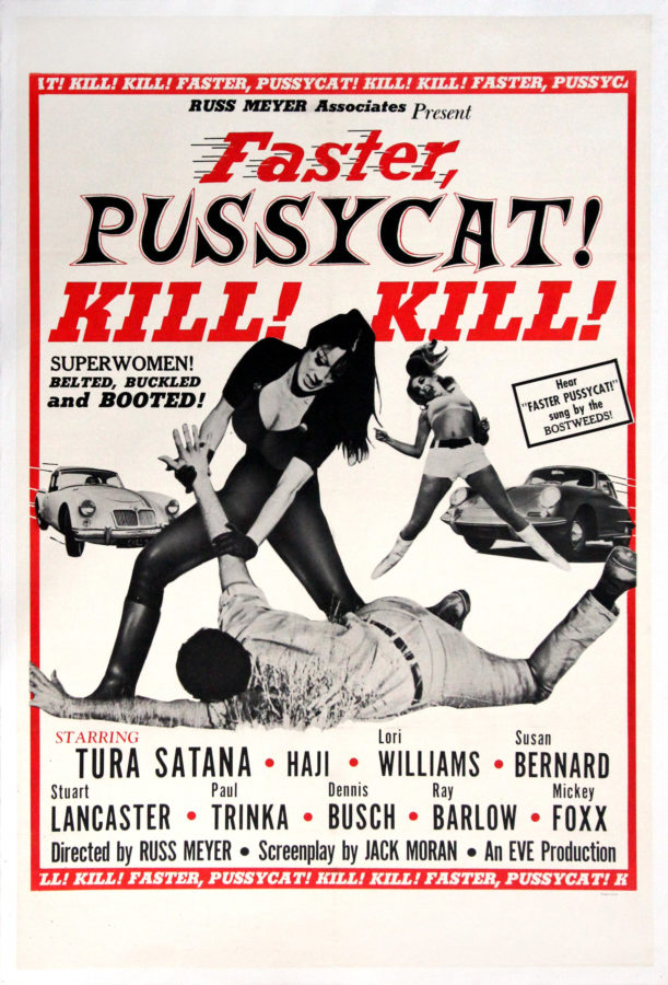 Color movie poster of Faster Pussycat! Kill! Kill! (1965) depicting a women fighting a man whose fallen while two cars and another women are behind her