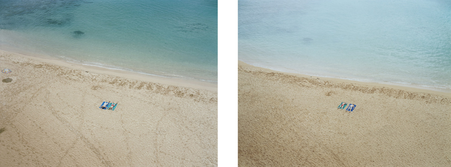 Two color photographs of two people lying on towels on the beach near the waterline of a calm sea