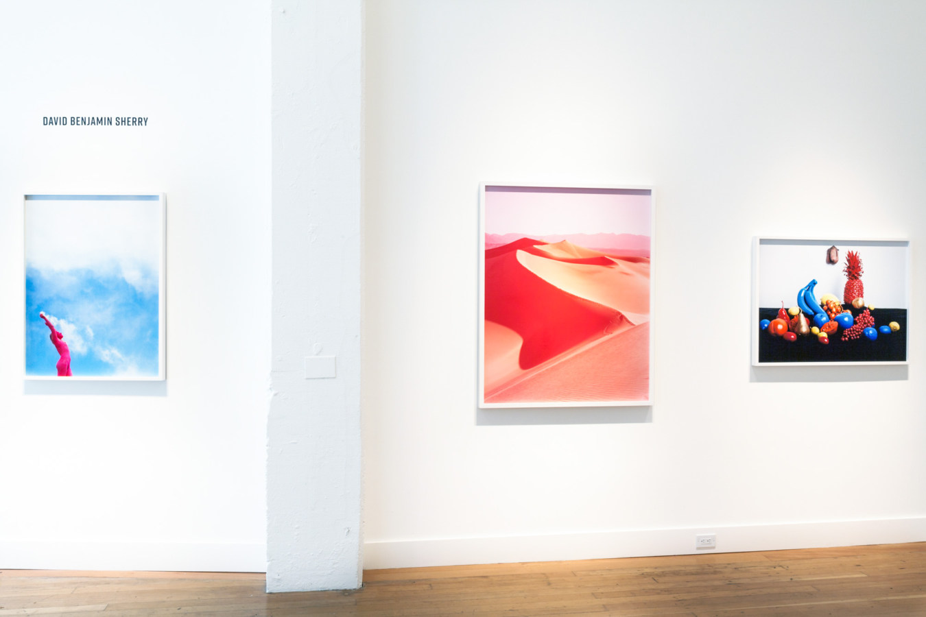 Color image of white walled gallery exhibiting large scale color photographs