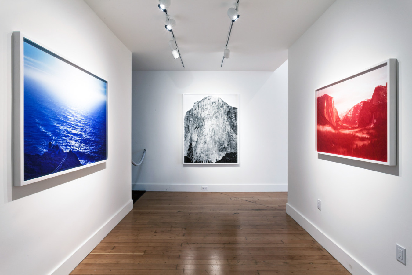 Color image of white walled gallery exhibiting large scale color and black and white photographs