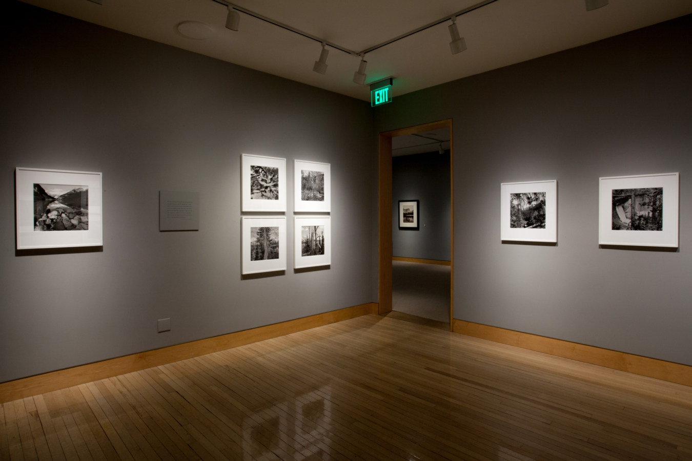 Color image of gallery entryway exhibiting black and white framed on grey gallery walls
