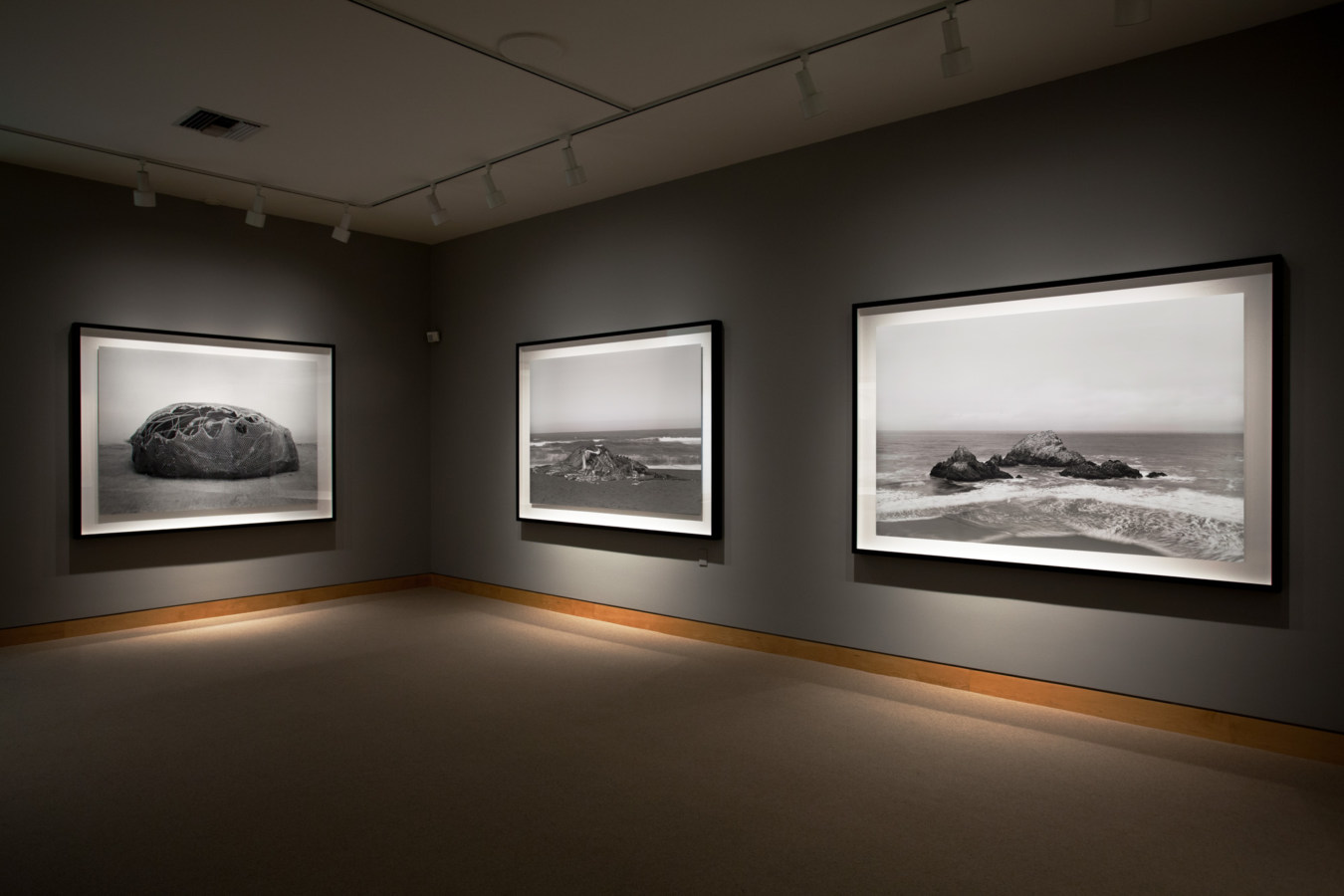 Color image of large scale black and white photographs on grey gallery walls