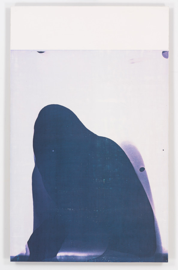 Color image of a mixed media work depicting a blue form with fingerprints of blue on white painted wood