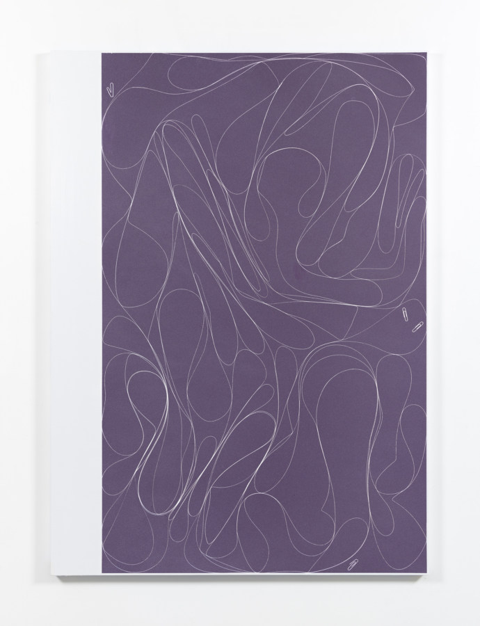 Color image of large scale color mixed media work depicting white lines and paperclips with purple background