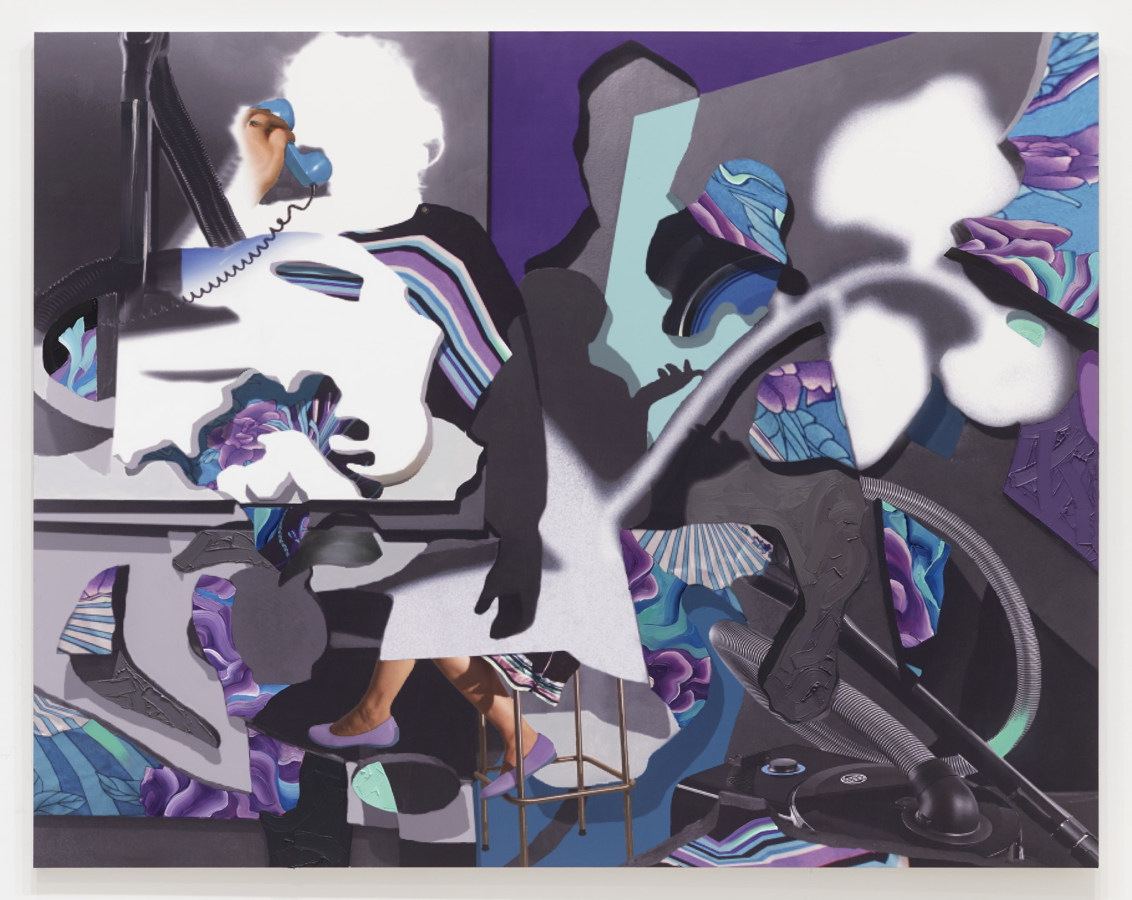 Color image of large scale mixed media work on canvas depicting various forms and shapes layered over one another in purple, blue, and white washes