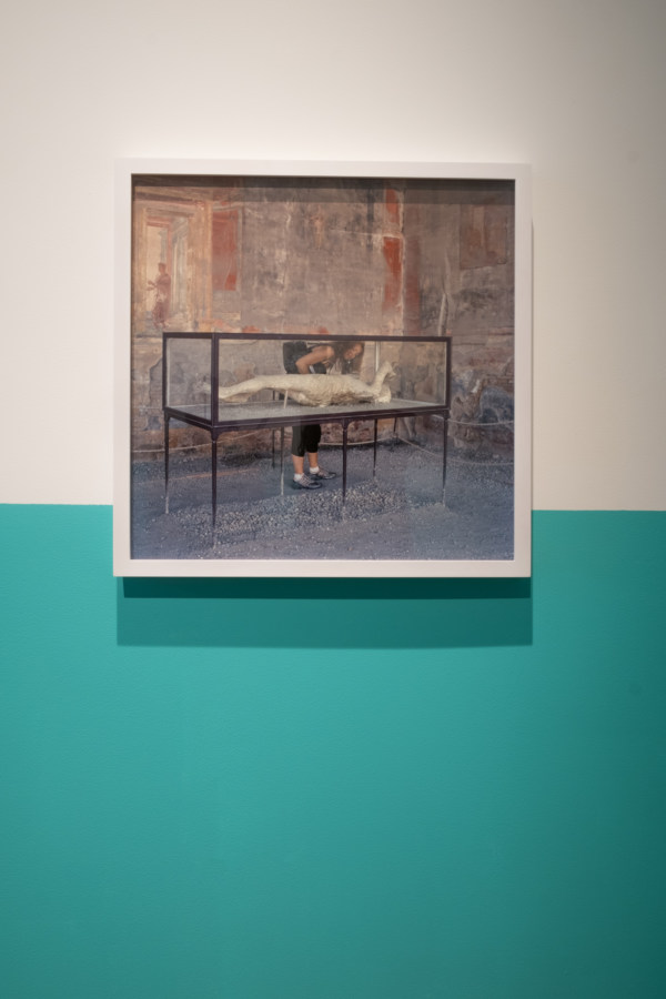 Color image of framed color photograph on white and teal gallery wall