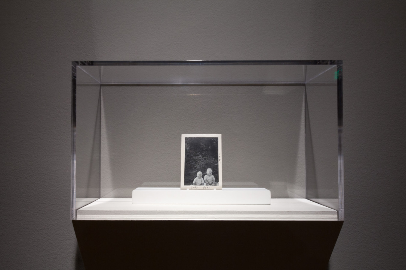 Color image of small scale painted photograph on white wooden stand with acrylic top in grey walled gallery