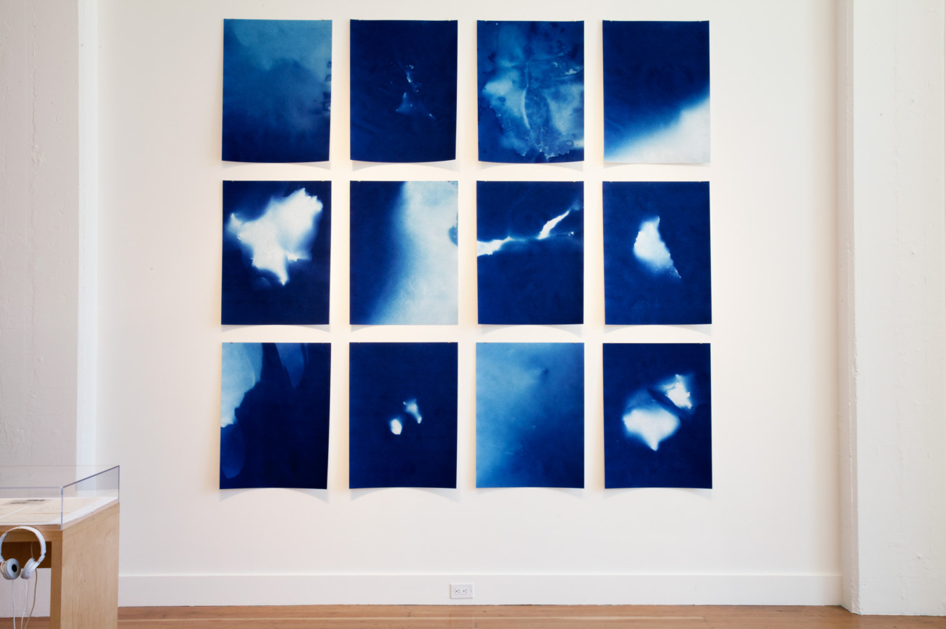 Color image of gird of cyanotypes on white gallery wall